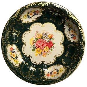 Daher Decorated Ware Metal Bowl - Green with Florals & Gold Accents